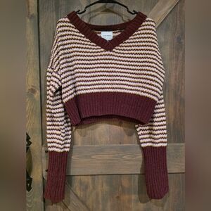Pink Rose Burgundy, White, Pink, & Gold Striped V-Neck Sweater Size Large